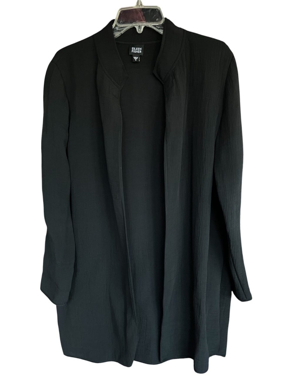Eileen Fisher Silk Rayon Crepe Open Front Long Jacket in Black Small